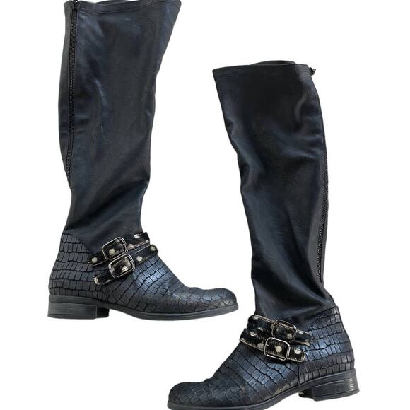 Unity In Diversity Boots Womens 38‎ 7 US Black Buckle Reptile Knee High Leather - Picture 1 of 8